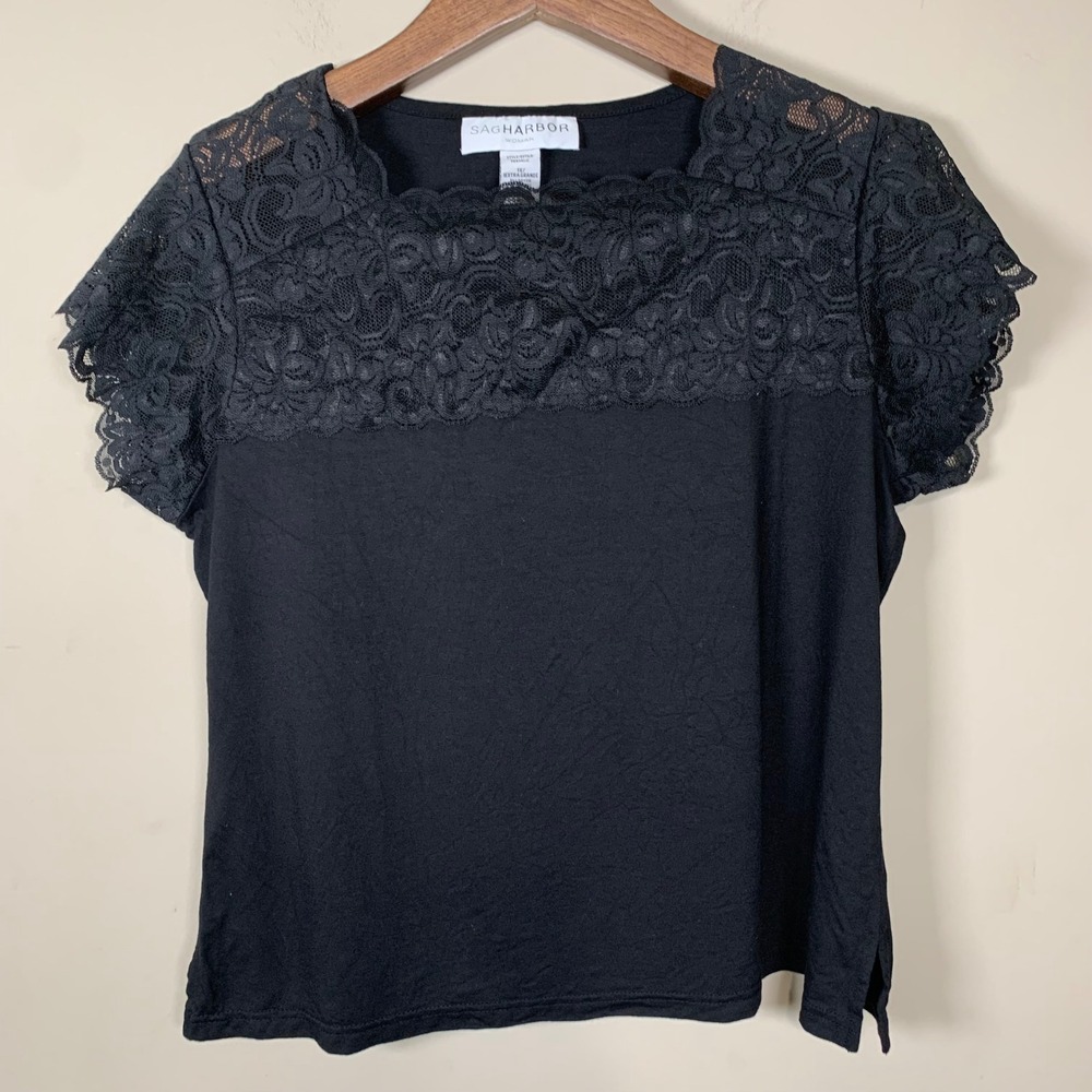 Vintage Y2K Sag Harbor Black Lace Sleeve Top Size 1X Whimsigoth Dark Coquette